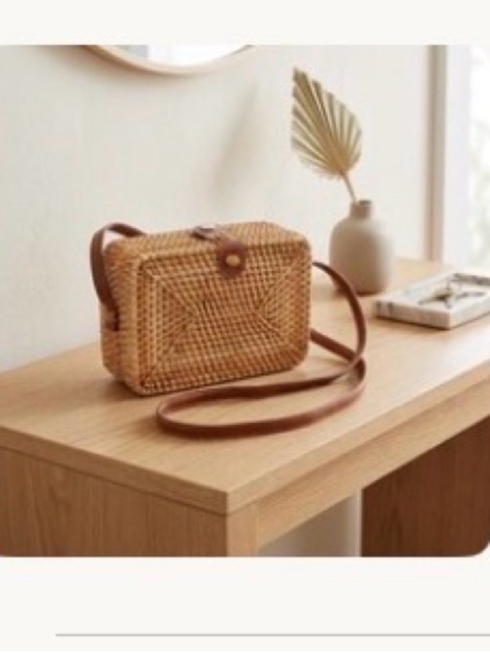 Woven Rattan Crossbody Bag with Brown Strap